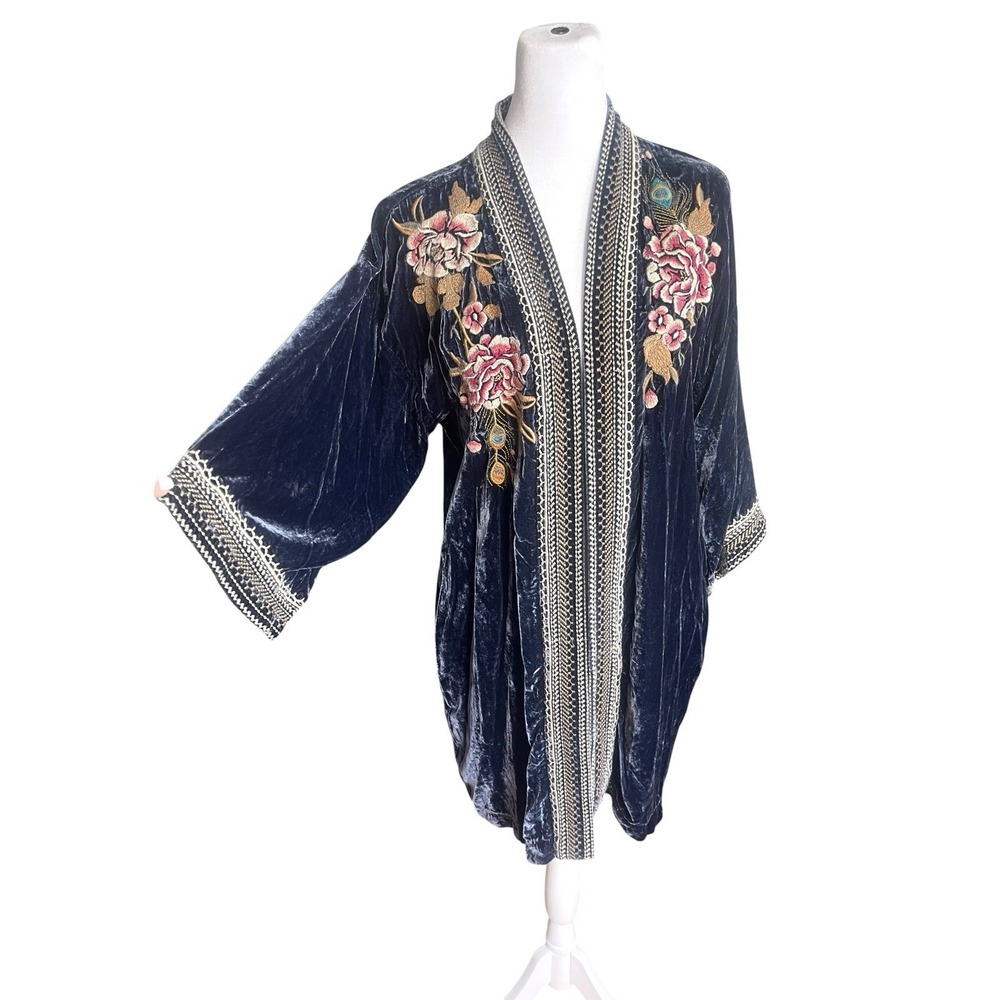Johnny Was Quito Velvet Silk Navy Blue Kimono Duster Peacock Embroidered Sz S - Picture 9 of 16